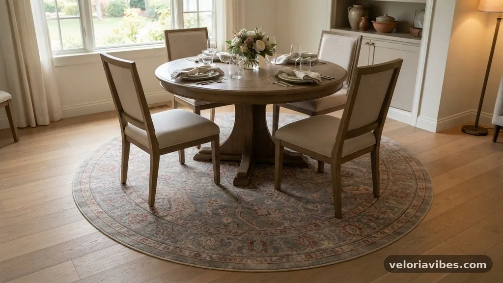 Considering Chair Movement and Floor Clearance - Round Rug Under a Round Table: How Much Border Carpet Should Show?