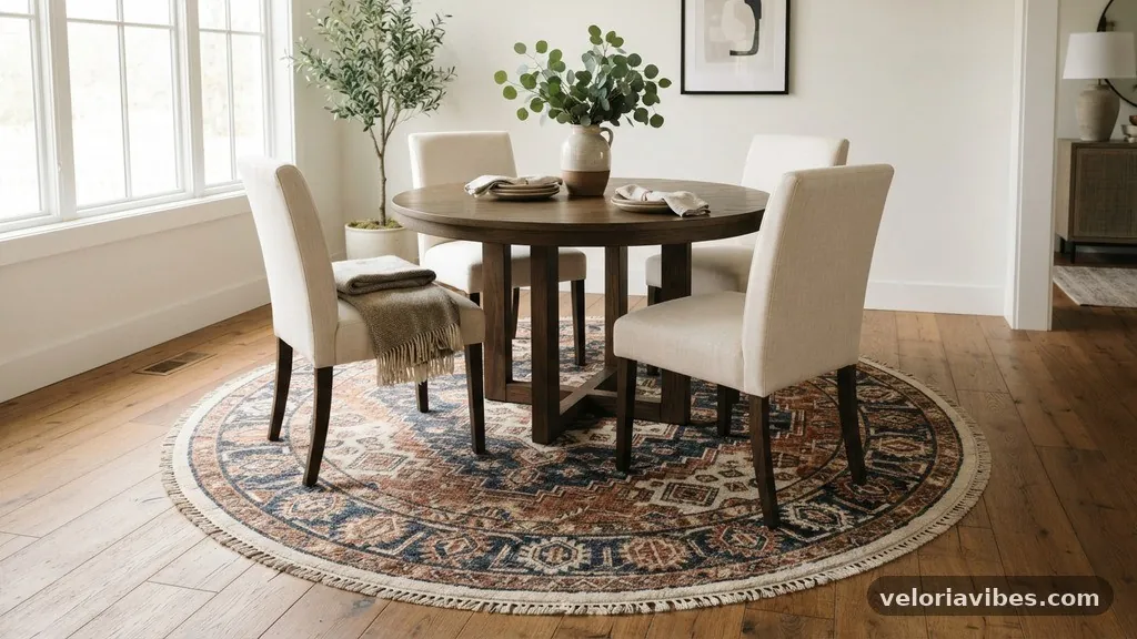 Handling Patterns and Textures - Round Rug Under a Round Table: How Much Border Carpet Should Show?