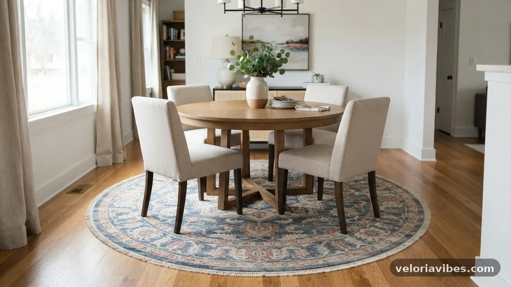 Visual Balance and Room Proportion - Round Rug Under a Round Table: How Much Border Carpet Should Show?